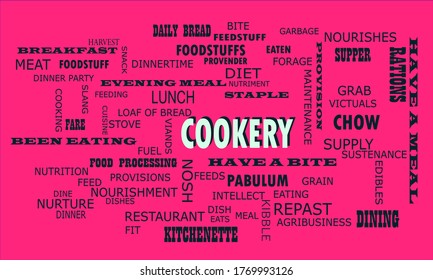 Cookery text presented in white color with multiple related words on pink background vector abstract background.