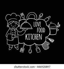 Cookery tools and cook sketch bubbles vector illustration. Background Kitchen.