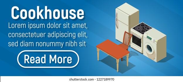 Cookhouse concept banner. Isometric banner of cookhouse vector concept for web, giftcard and postcard