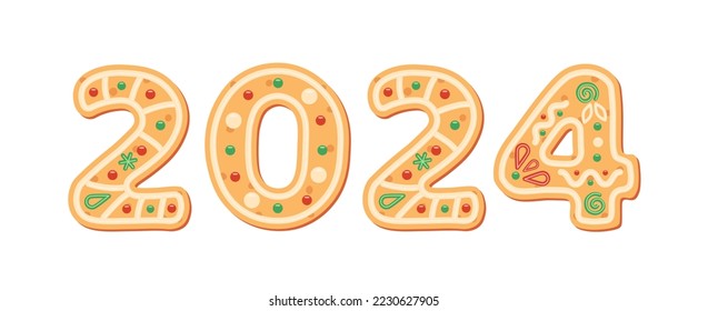 Cookie 2024 año. Pan de jengibre 2024. Cifras de galletas. Leer, letra. Plano, caricatura. Ilustración vectorial aislada eps 10 