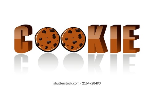 Cookie 3D-Buchstabenwort einzeln auf weißem Hintergrund. Druckvorlage für das Paket. Brauner Text mit süßer Keksdoodle-Zeichnung. Logo für Bäckereien.