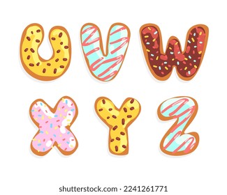 Cookie Alphabet Letter with Colorful Sugar Glaze or Icing and Sprinkles Vector Set