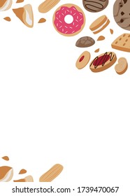 Cookie. Background for the design. Ingredients, dessert. Almonds, shortbread, with filling, doughnuts, icing, cream filling.