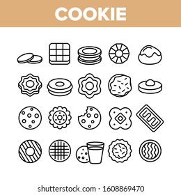 Cookie Baked Dessert Collection Icons Set Vector Thin Line. Bite Cookie And With Milk Glass, Biscuit With Cream And Waffle, Sweet Breakfast Concept Linear Pictograms. Monochrome Contour Illustrations