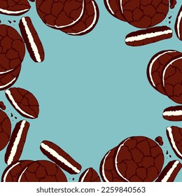 Cookie banner, chocolate and cream, template, empty place to insert, blue background.