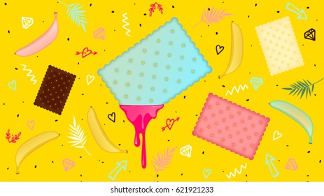 Cookie banner, poster in trendy colorful style. Banana vector illustration, lettering and colorful design for poster, card, invitation. Easy editable for Your design. Trendy texture.
