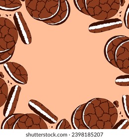 Cookie banner trend color 2024 Peach fuzz 13-1023, chocolate and cream, template, empty place to insert, peach background.