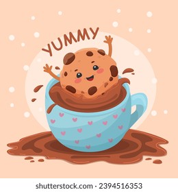 A cookie bathes in a mug of cocoa. Cute character in cartoon style. Vector illustration for printing on postcards and for your design.