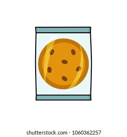 Cookie, biscuit with chocolate chips in individual plastic package, flat style vector illustration isolated on white background. Cookie with chocolate chips in individual plastic package