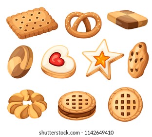 Cookie and biscuit icon collection. Colorful flat vector cookies set. Circle, star, sandwich, different shape. Vector illustration isolated on white background.