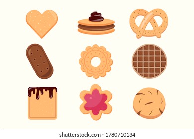 Cookie and biscuit icon collection Isolated on white background. Delicious cookies cartoon vector illustration sweet food.