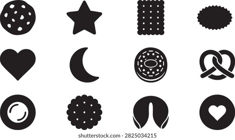 Cookie and biscuit icon set with black heart star moon and pretzel shapes for snack branding