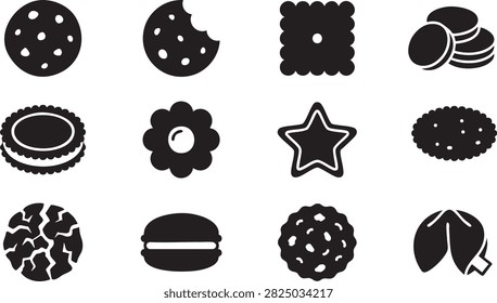 Cookie and biscuit icon set with black snack silhouettes in assorted shapes for food design
