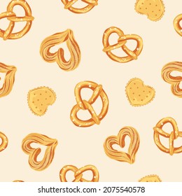 Patrón transparente de pretzel vectorial de galleta de galleta. La panadería romántica trata el diseño de la superficie. El día de San Valentín postre fondo.