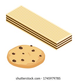 Cookie, biscuit and waffle isometric view isolated on white background