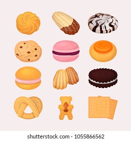 Cookie and biscuits vector baking pastry and baked cooking for breakfast in bakery illustration candy and biscuity cupcakes set isolated on white background