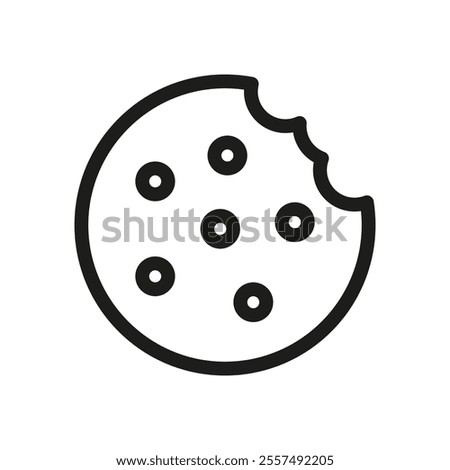 Cookie bite design. Black and white outline. Simple vector symbol. Minimalist snack art.