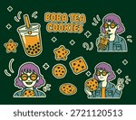 cookie and boba tea sticker design template illustration