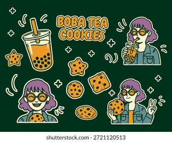 Ilustración de Plantilla de diseño de pegatina de té de galletas y boba