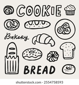 Cookie and bread hand drawn doodle elements. Bakery cafe doodle vector set.