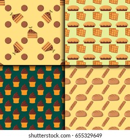 Cookie cakes seamless pattern tasty snack delicious chocolate homemade pastry biscuit vector illustration