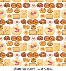 Cookie cakes top view sweet homemade breakfast bake food biscuit pastry seamless pattern background vector illustration.