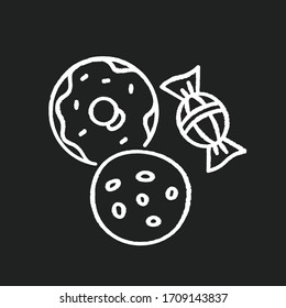 Cookie and candy chalk white icon on black background. Sweets products. Donut with icing. Bakery goods. Biscuit with chocolate chips. Tasty treats. Isolated vector chalkboard illustration