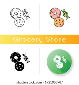 Cookie and candy icon. Sweets products. Donut with icing. Bakery goods. Biscuit with chocolate chips. Confectionary store. Linear black and RGB color styles. Isolated vector illustrations