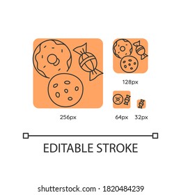 Cookie and candy orange linear icons set. Sweets products. Donut with icing. Bakery goods. Thin line customizable 256, 128, 64 and 32 px vector illustrations. Contour symbols. Editable stroke