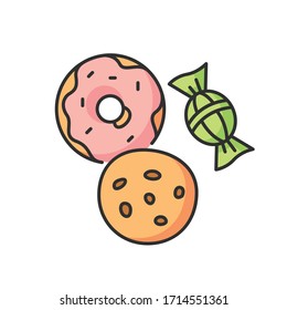 Cookie and candy RGB color icon. Sweets products. Donut with icing. Bakery goods. Biscuit with chocolate chips. Tasty treats. Delicious dessert. Confectionary store. Isolated vector illustration