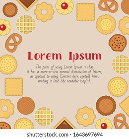 Cookie card with text and vector color illustrations of sweet dessert for graphic design