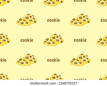 Cookie cartoon character seamless pattern on yellow background. Pixel style
