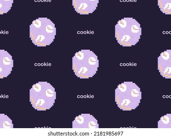 Cookie cartoon character seamless pattern on purple background. Pixel style