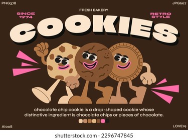 Cookie cartoon characters from the 90s.Trendy poster of fresh bakery. funny colorful doodles in hippie style. Vector groovy illustration with typography