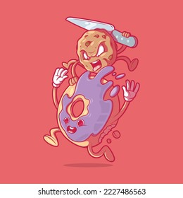 Cookie character attacking a donut vector illustration. Food, sweet, sugar design concept.