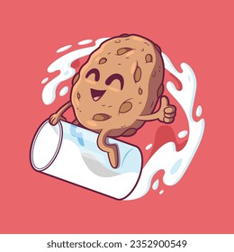 Carácter de cookie montando un vaso de ilustración del vector de leche. Comida, divertido, concepto de diseño imaginativo.