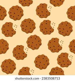 Cookie chocolate chip Infinite pattern background on light brown background, Abstract background Seamless Pattern