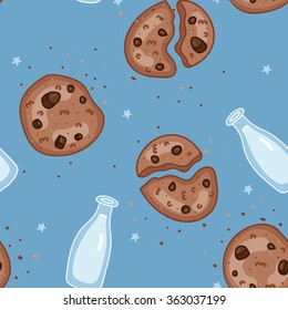 Cookie with chocolate chips and a bottle of milk delicious hand drawn pattern. Perfect for postcard, wrapping paper, fabric