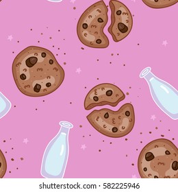 Cookie with chocolate chips and a bottle of milk delicious hand drawn seamless vector pattern.