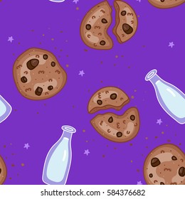 Cookie with chocolate chips and a bottle of milk delicious hand drawn vector pattern. Perfect for postcard, wrapping paper, fabric