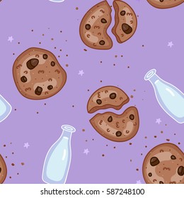 Cookie with chocolate chips and a bottle of milk delicious hand drawn vector pattern. Perfect for postcard, wrapping paper, pastel fabric