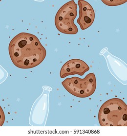 Cookie with chocolate chips and a bottle of milk delicious hand drawn vector pattern. Perfect for postcard, wrapping paper, pastel fabric