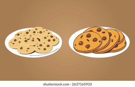 Cookie with chocolate chips in a plate vector illustration.