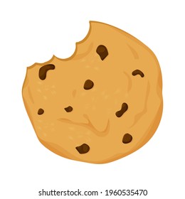 Cookie with chocolate crisps bitten, broken, cookie crumbs in cartoon flat style isolated on white background. Snack bake, traditional bakery or desert.