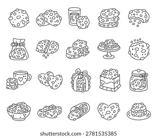 Cookie chocolate set in outline line art featuring bakery dessert snack food pastry baked treat drink storage container serving plate jar