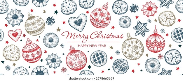 Patrón de galletas y bolas de Navidad en blanco, ilustración dibujada a mano.
