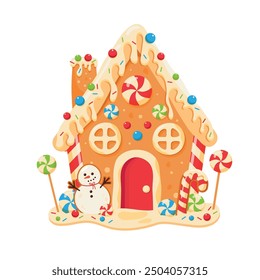 Cookie christmas house card, Gingerbread house. Baked Gingerbread christmas candy cookies decorative food for winter celebration time vector stylized funny house. Cute vector illustration isolated