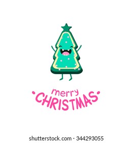 Cookie Christmas tree Vector Cheerful Christmas card. Merry Christmas and Happy New Year