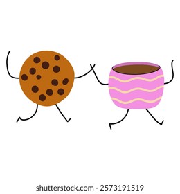 Cookie and coffee characters holding hands, illustrated in a flat cartoon style – a cheerful snack-time duo. Perfect for cafe, bakery, or coffee-themed designs.