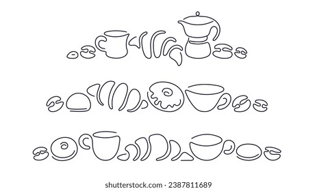 Cookie and coffee line border. Donut, croissant, cup and aroma beans. Vector set. Bakery and cafe abstract symbol